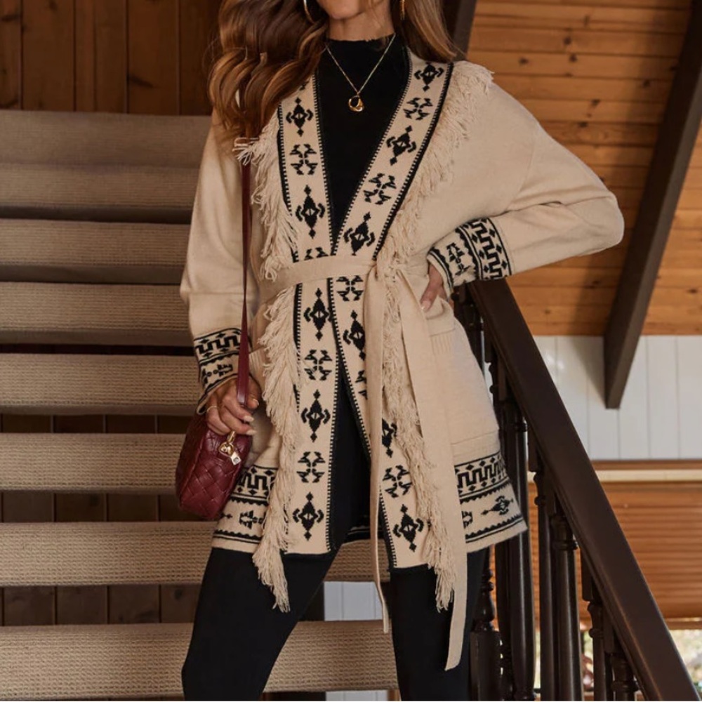 Winter Ember Abstract Waist Tie Cardigan Sweater Vici